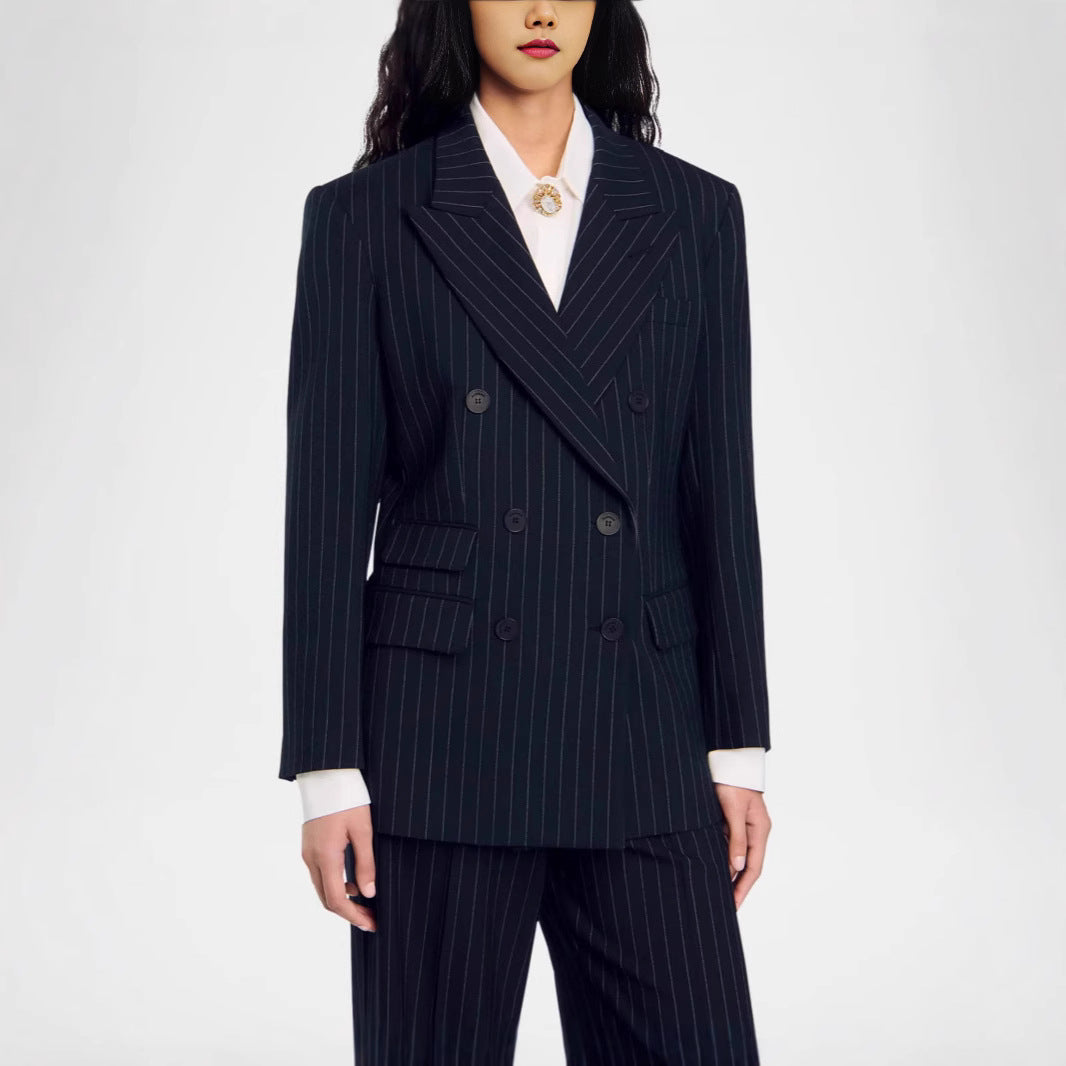 Women Double-Breasted Pinstripe Suit with Oversized Blazer and Wide Pleated Pants Chichicherry