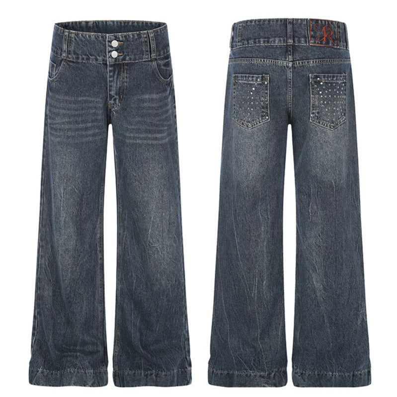 Women High-Waist Wide Palazzo Jeans with Double Button and Flared Leg Chichicherry