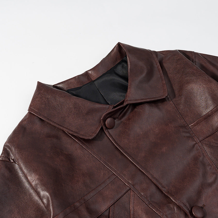 Women's Oversize Faux Leather Bomber Jacket with Round Collar and Distinctive Seam Details Chichicherry