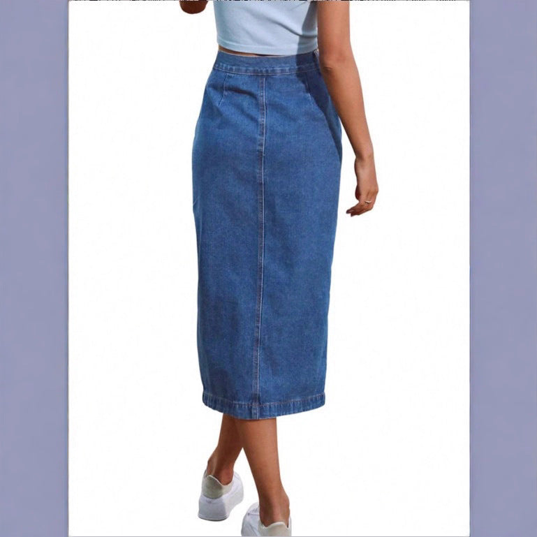 Ladies jeans midi skirt with side button placket and high thigh slit Chichicherry
