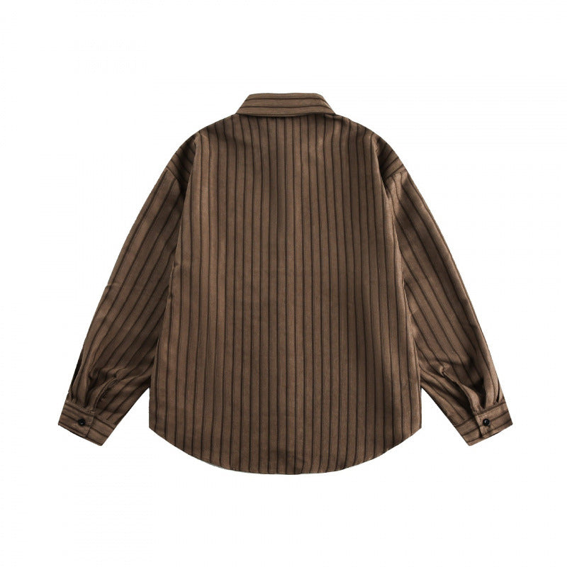 Unisex Loose-Fit Shirt with Vertical Pinstripe Structure, Patch Chest Pocket and Curved Hem Chichicherry