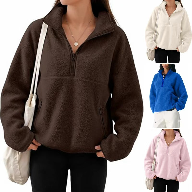 Women's Oversize Sherpa Fleece Pullover with Half Zip and Kangaroo Pocket Chichicherry