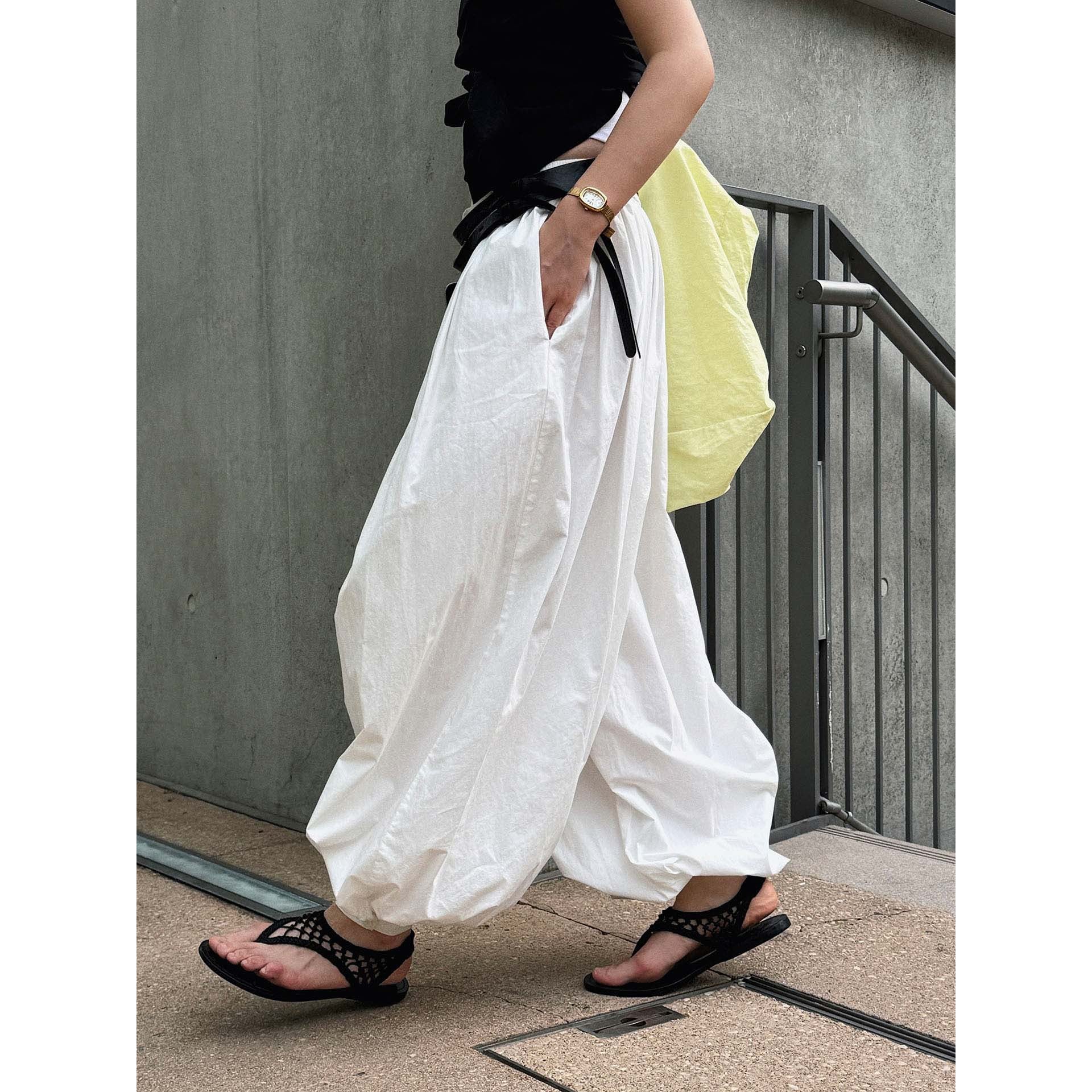 Women Wide Balloon Culotte with High Elastic Waistband and Crinkled Linen Look Chichicherry