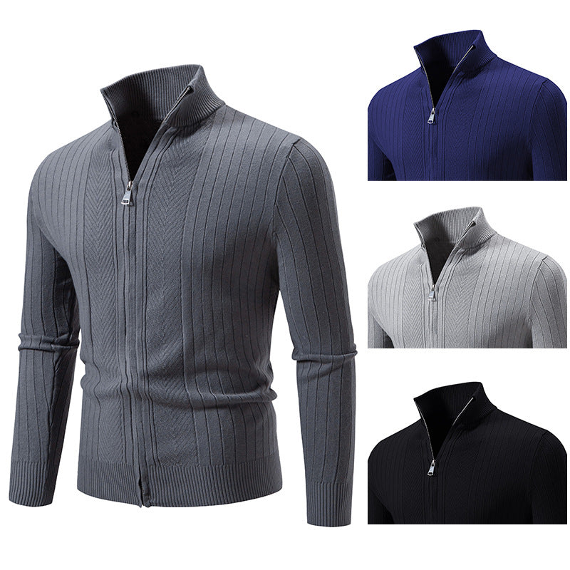 Men's slim fit fine knit zip jacket with stand-up collar and distinctive rib structure Chichicherry
