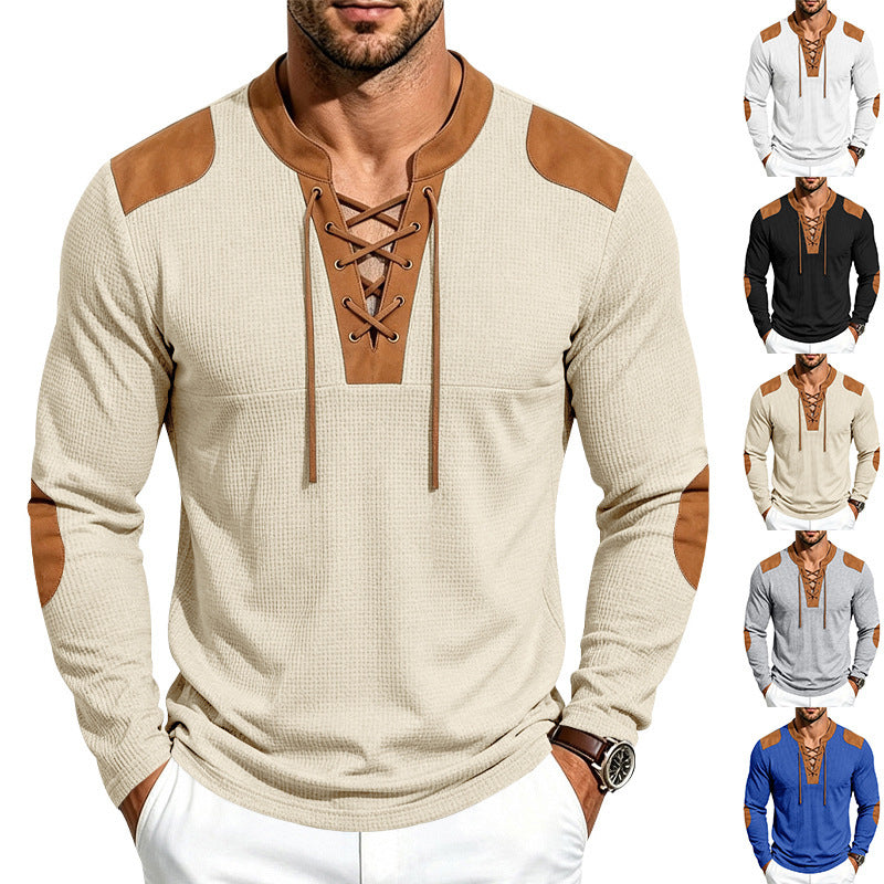 Men's Waffle Knit Long Sleeve Shirt with Laced Collar and Faux Leather Patches Chichicherry