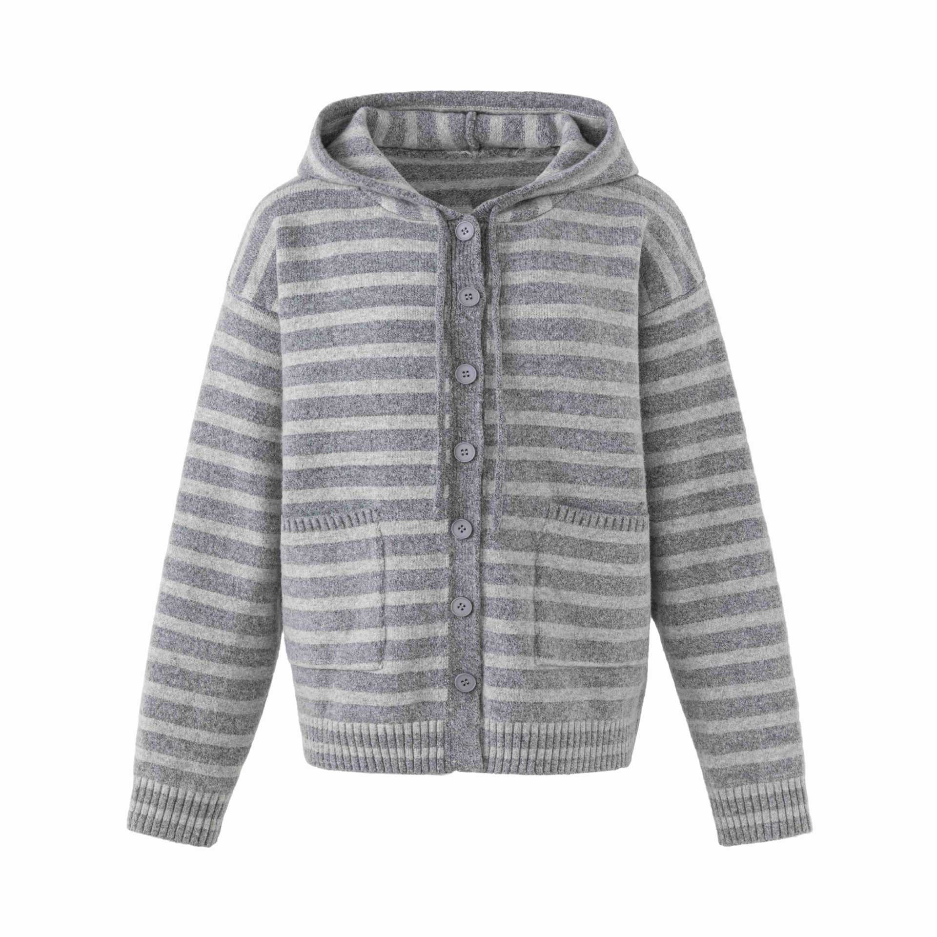 Women's hooded cardigan with button placket and block stripes Chichicherry