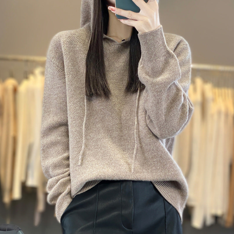 Women soft fine-knit hooded sweater with mottled texture and ribbed cuffs Chichicherry
