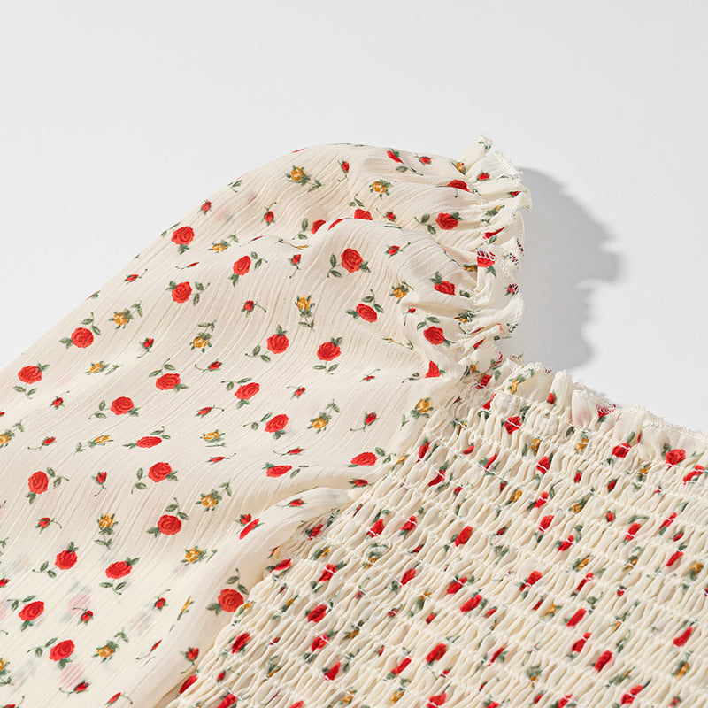 Women Smocked Cropped Top with Puff Sleeves and Floral Print Chichicherry