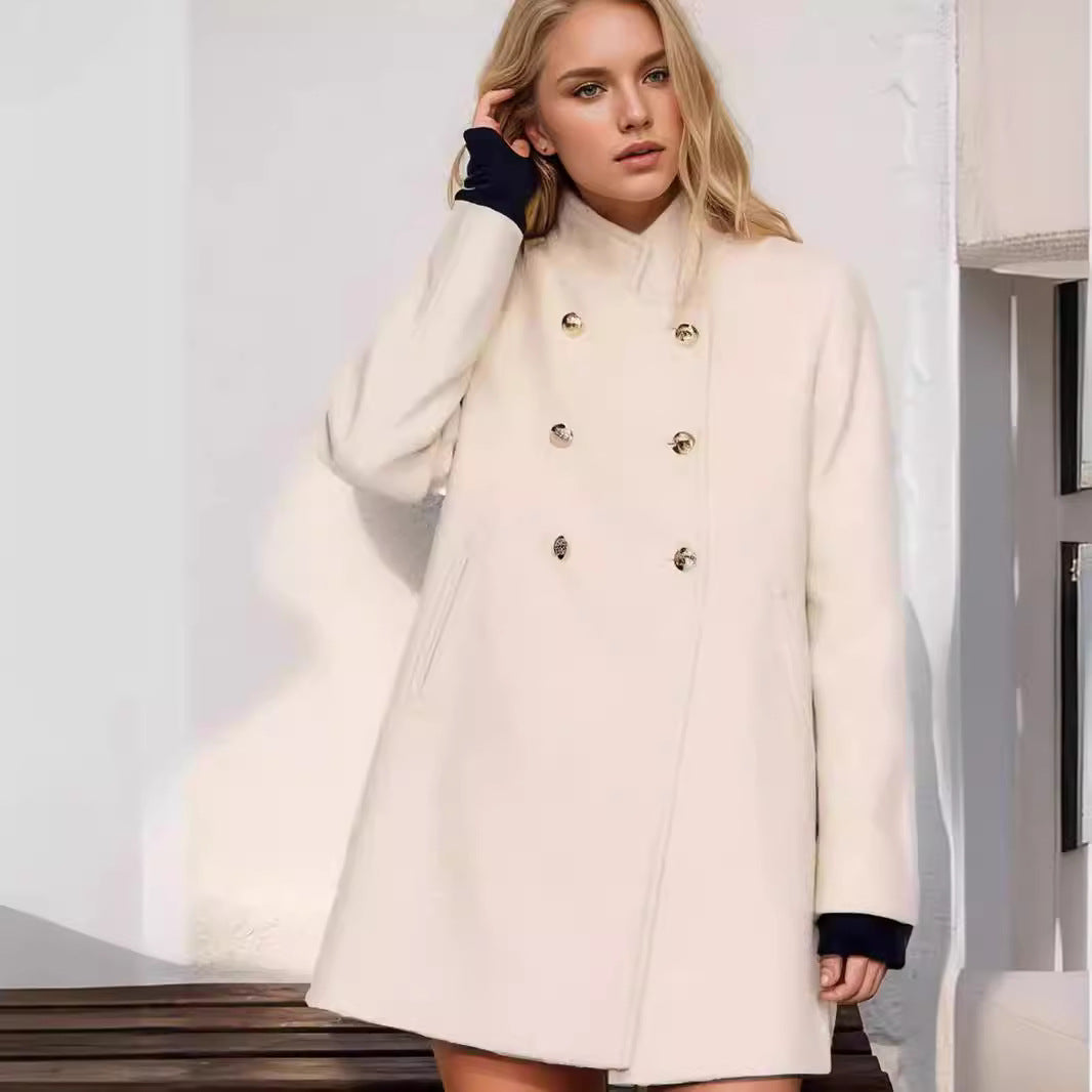 Women's Double-Breasted Coat with Stand-Up Collar and Decorative Buttons Chichicherry