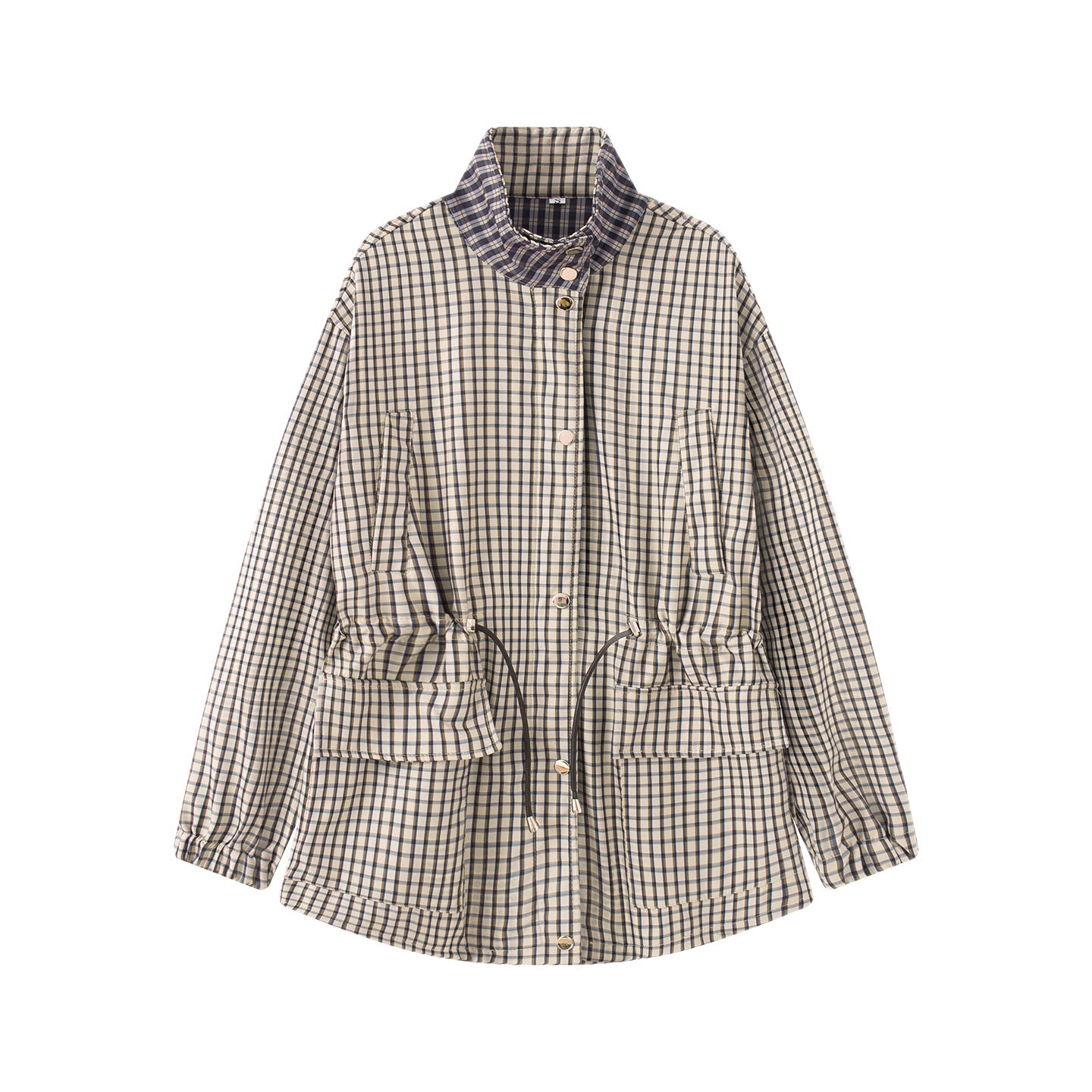 Women Checked Oversize Parka Jacket with Drawstring and Stand-up Collar Chichicherry