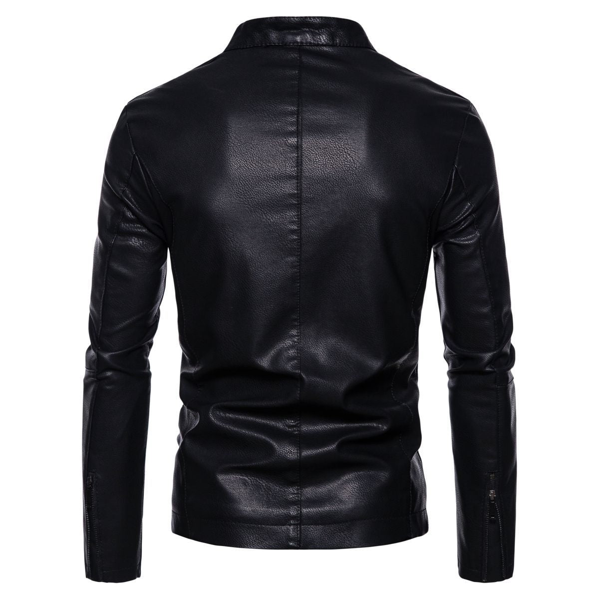 Men's Slim Faux Leather Biker Jacket with Stand-up Collar, Faux Fur Lining and Zipper Pockets Chichicherry