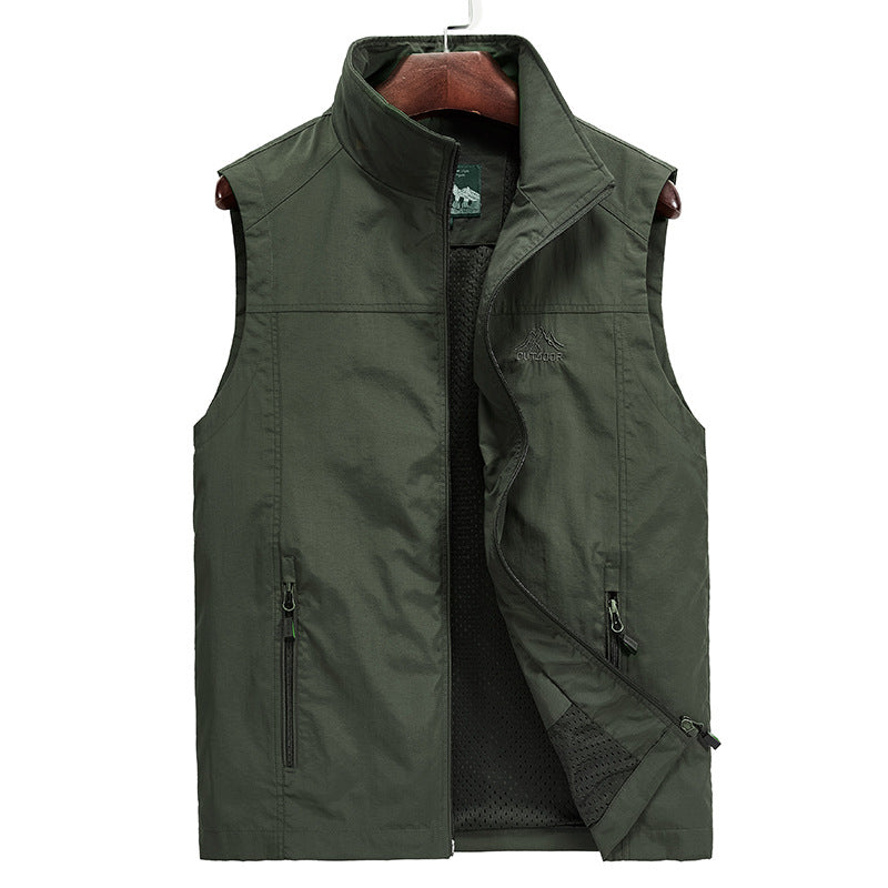 Men's Lightweight Breathable Outdoor Utility Vest with Stand-up Collar, Zipper Pockets, and Mesh Lining Chichicherry