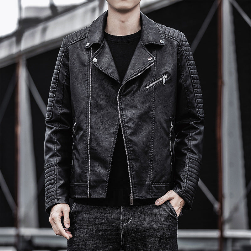 Men's faux leather biker jacket with quilted shoulder yoke, asymmetric zipper and metal zipper Chichicherry