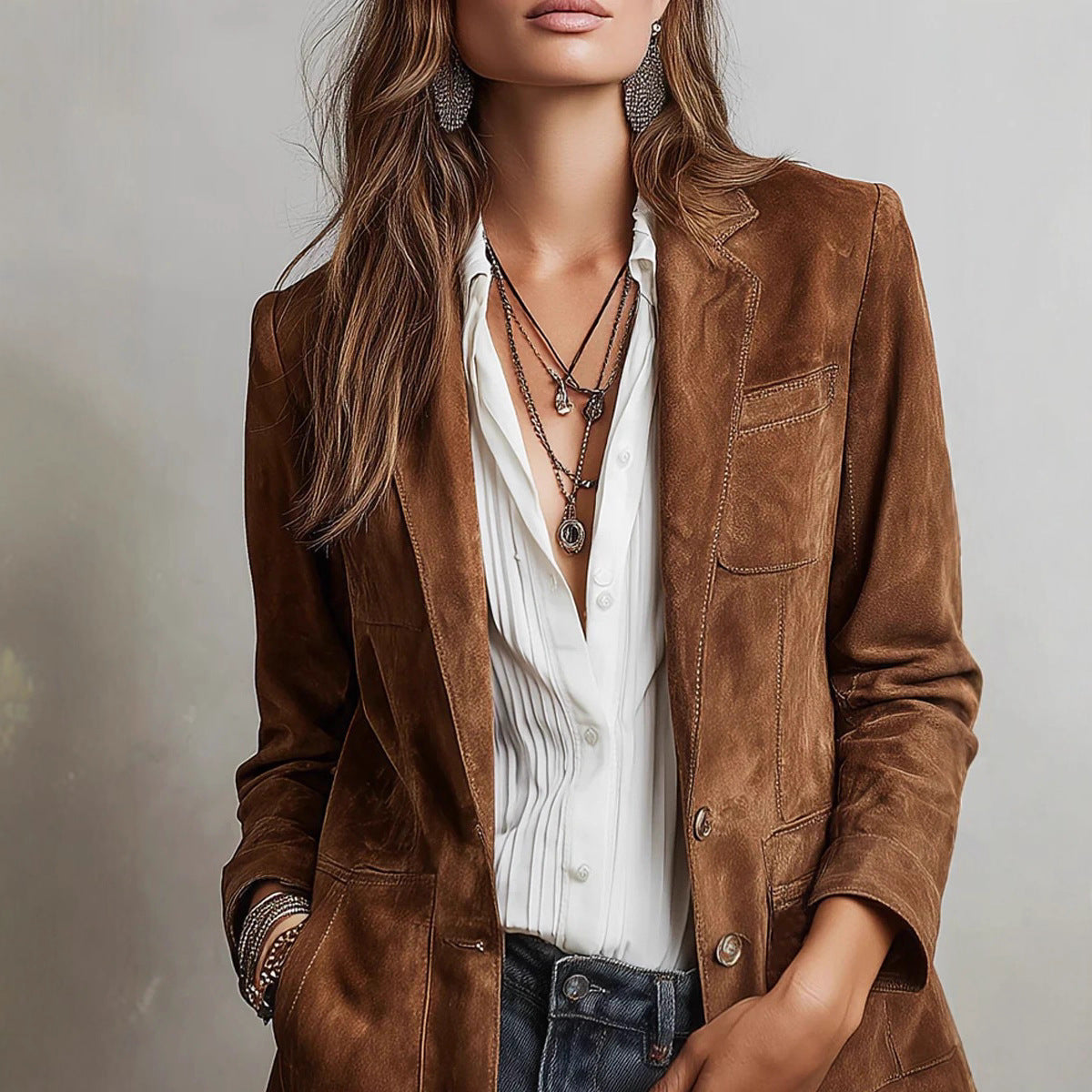 Women's suede blazer in tailored style with patch pockets Chichicherry