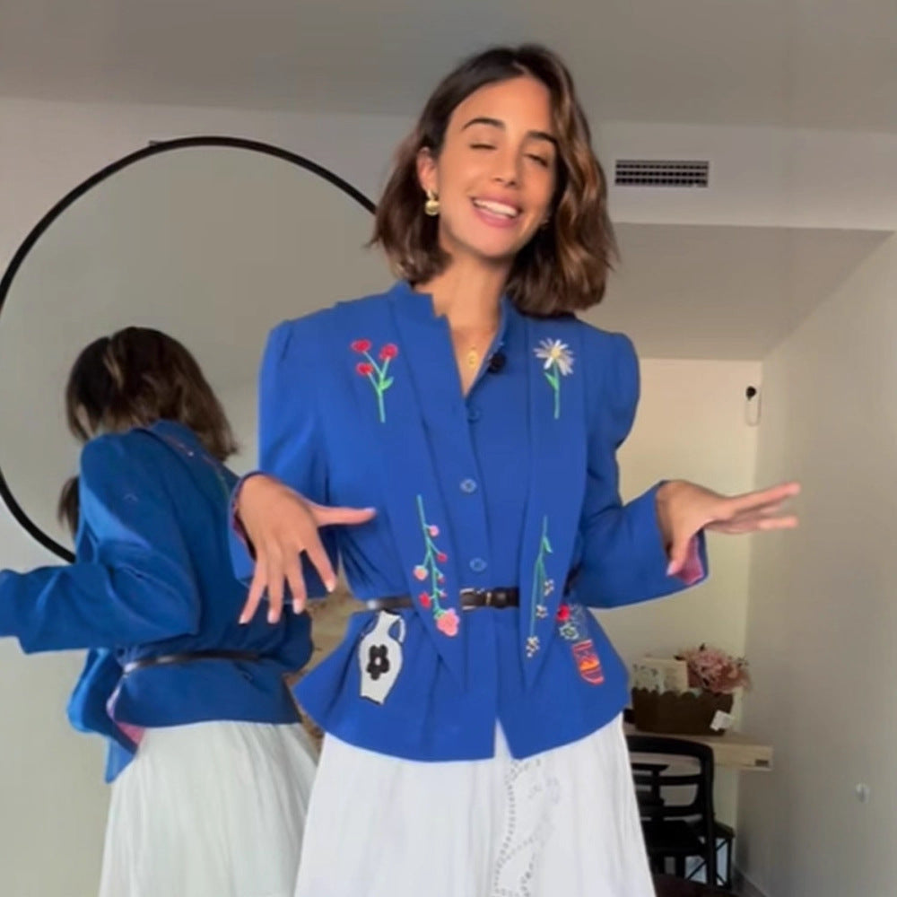 Women Embroidered Tailored Short Jacket with Peplum and Belt Chichicherry