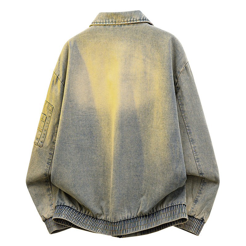 Men's Oversized Jeans-Bomber Jacket with Used Wash and Zip Arm Pocket Chichicherry