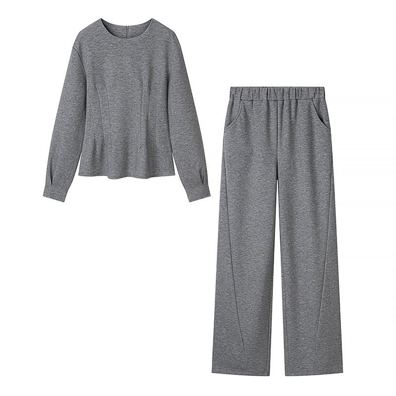 Women's Two-Piece Lounge Set made of Soft Sweat with Round Neck and Wide Cuffed Pants Chichicherry