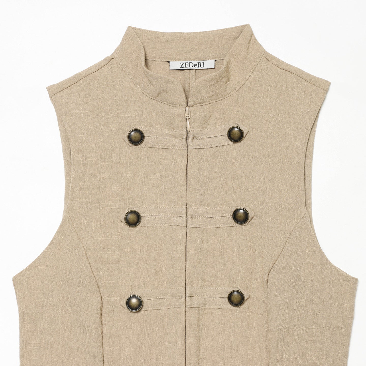 Women's fitted sleeveless military vest with stand-up collar and decorative button placket Chichicherry