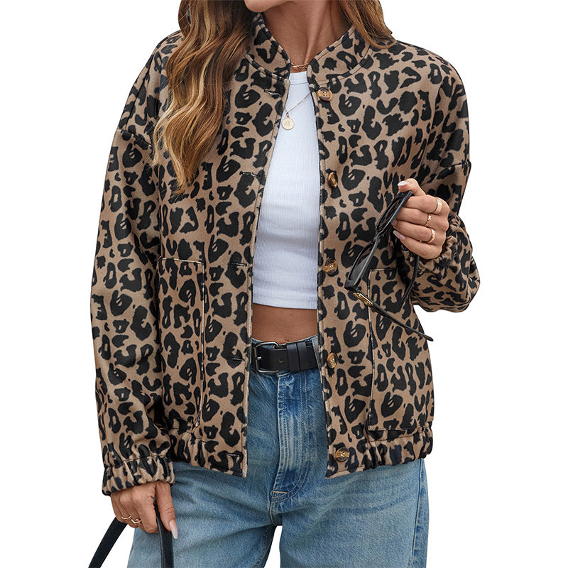 Women's Lightweight Oversized Bomber Jacket with Leopard Print, Stand-Up Collar and Drawstring Hood