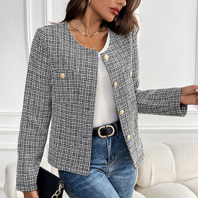 Women's short blazer in bouclé tweed with round neckline & golden decorative buttons Chichicherry