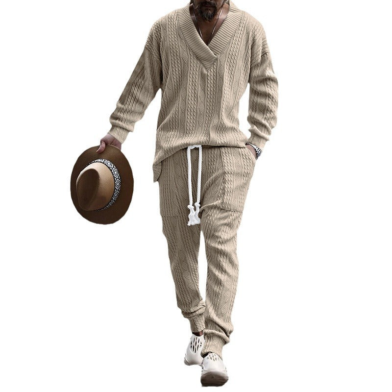 Men's Structured Knit Lounge Set with Deep V-Neck and Drawstring Pants Chichicherry