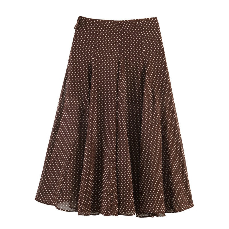 Women's Flowing A-Line Midi Skirt with Polka Dot Print and Tie Bow Chichicherry