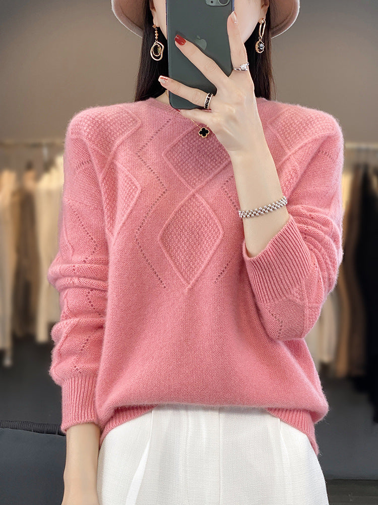 Women's Soft Diamond Pattern Sweater in Mohair Look with Fine Openwork Structure and Round Neckline Chichicherry