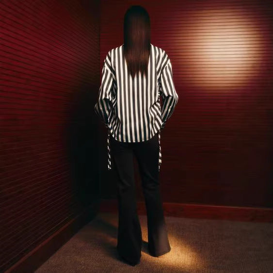 Women Oversized Shirt Blouse with Vertical Stripe Pattern and Side Lacing Chichicherry