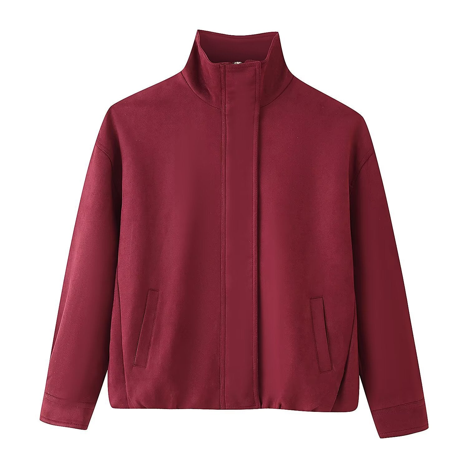 Women's Boxy Short Jacket with High Stand Collar and Concealed Zipper Chichicherry