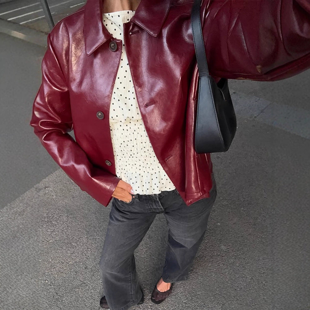 Women's Boxy Faux Leather Jacket with Shirt Collar and Straight Cropped Cut Chichicherry