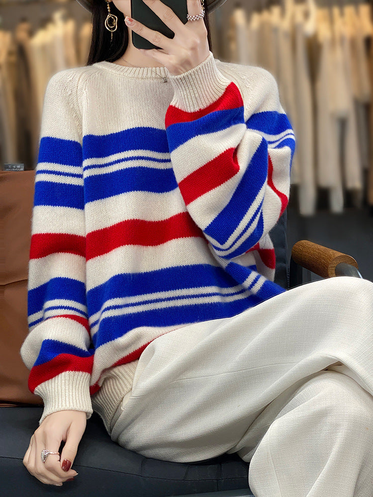 Women's Oversize Striped Sweater made of soft wool blend with maritime block stripes and round neck Chichicherry