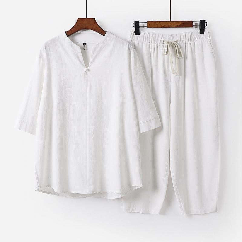 Women Lightweight Linen-Cotton Loungewear Set with Stand Collar, Three-Quarter Sleeves and Elasticated Waist Pants Chichicherry
