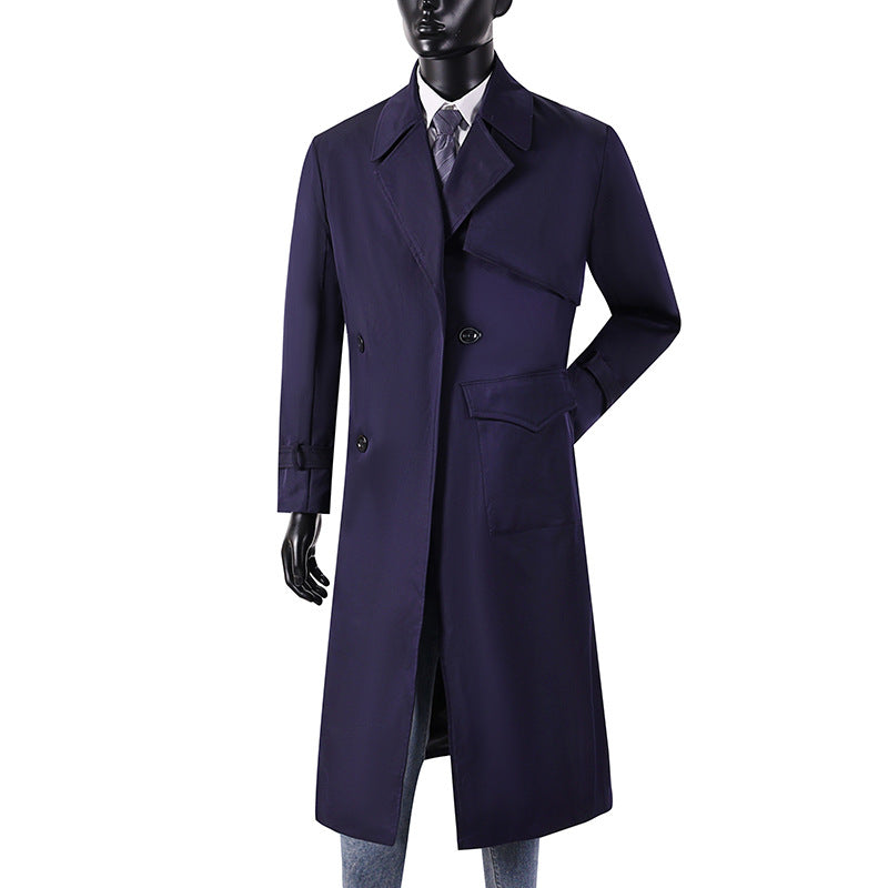 Men's long coat in trench coat style with storm flap, asymmetrical pockets and classic lapel Chichicherry