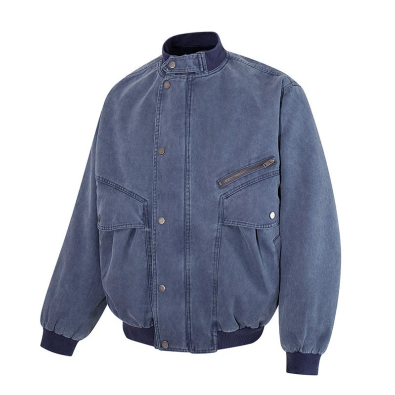 Men's Oversize Bomber Jacket in Vintage Wash with Stand Collar and Utility Pockets Chichicherry