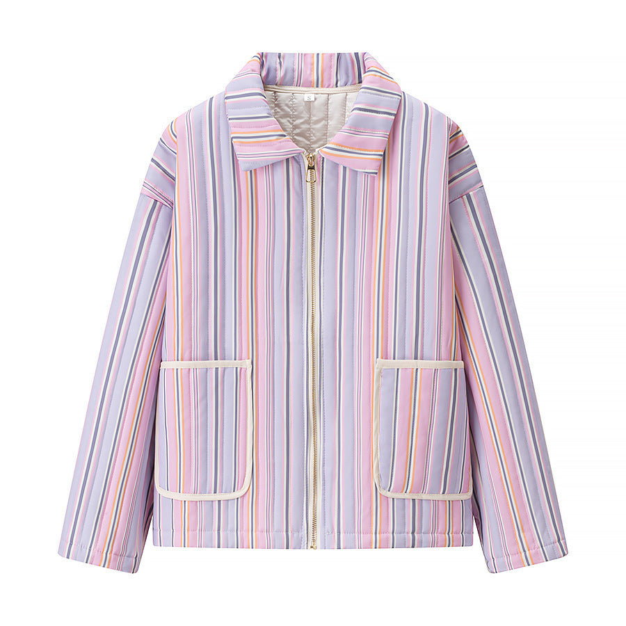 Women Striped Short Jacket with Stand-up Collar, Zipper and Patch Pockets Chichicherry