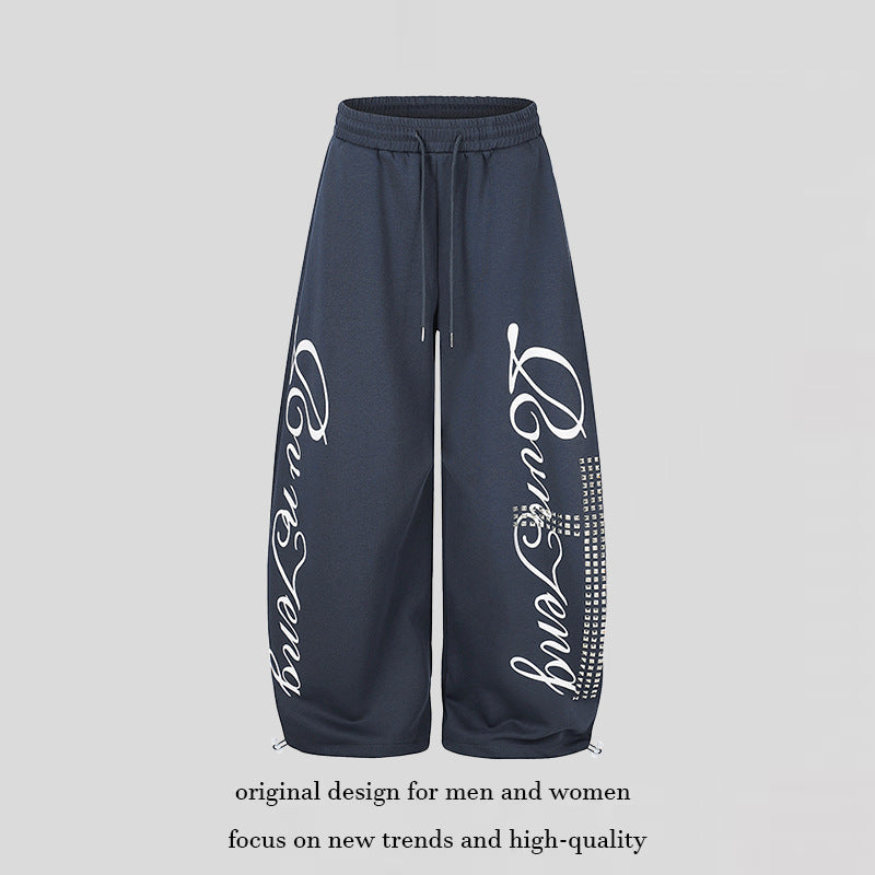 Women's Palazzo Sweatpants in Culotte Style with High Waist, Drawstring, Text Print and Rhinestone Trim Chichicherry