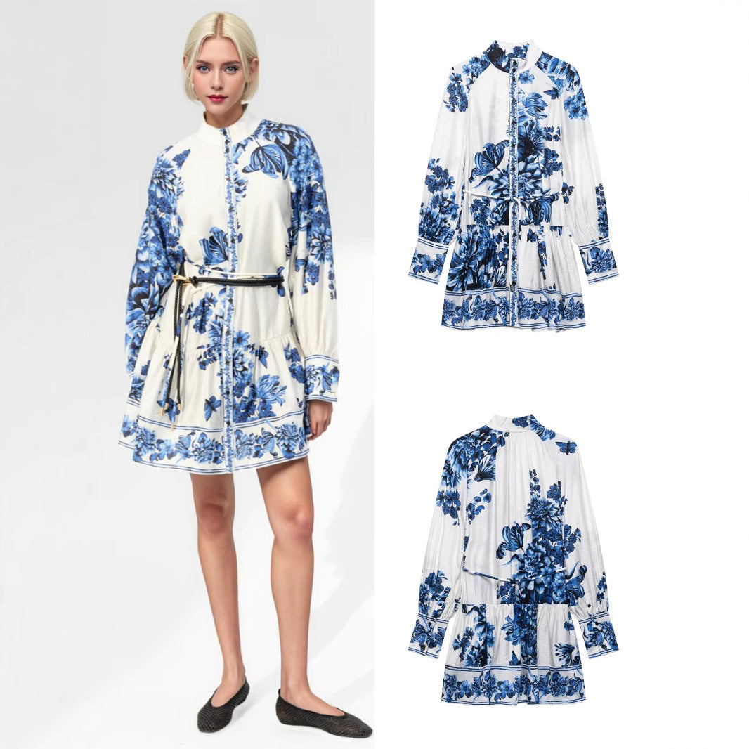 Women's midi dress with stand-up collar, full button placket and waist drawstring Chichicherry