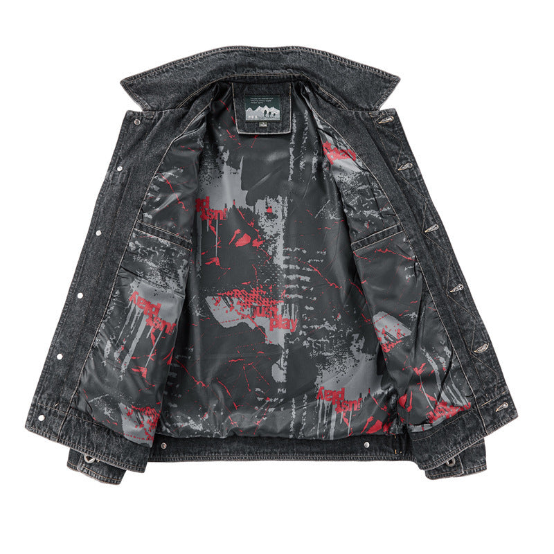 Men's washed denim work jacket with printed lining and chest flap pockets Chichicherry