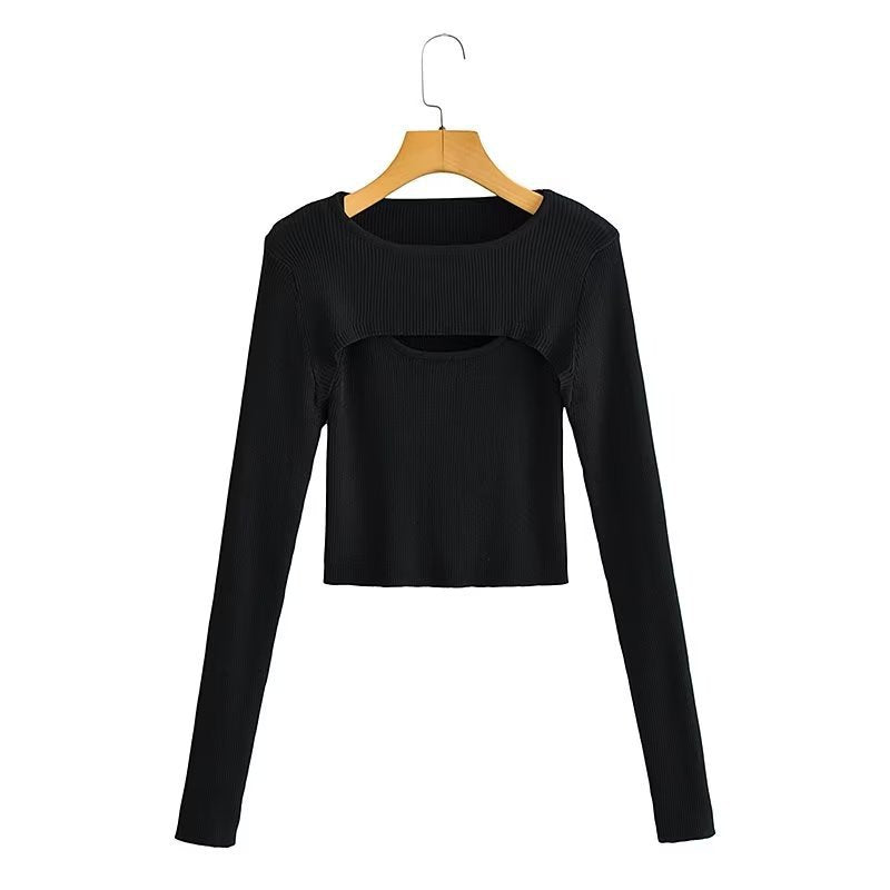 Women short cut ribbed knit top with asymmetric cut-outs and round neckline Chichicherry