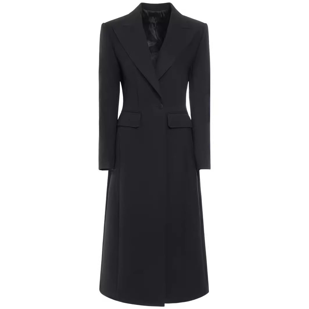 Women's Longline Single-Breasted Coat with Subtle Waist Definition and Peak Lapel Chichicherry