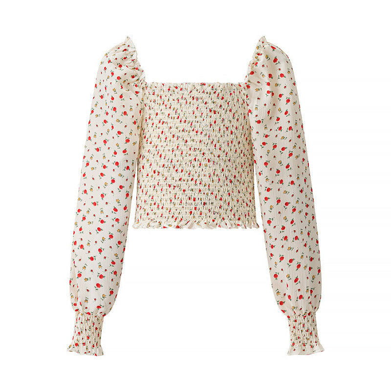 Women Smocked Cropped Top with Puff Sleeves and Floral Print Chichicherry