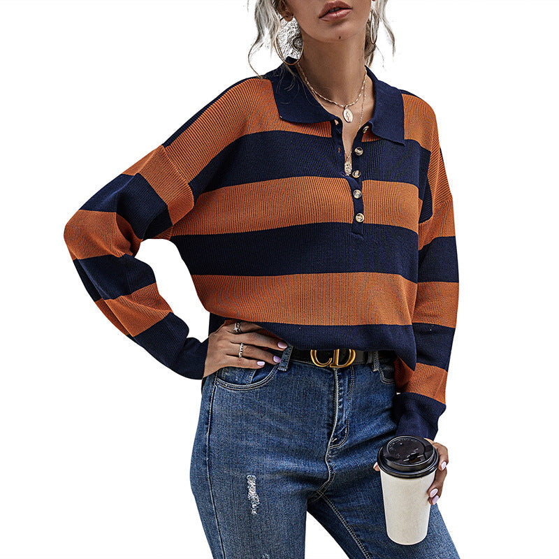 Women's Striped Polo Collar Knit Sweater with Button Row Detail Chichicherry