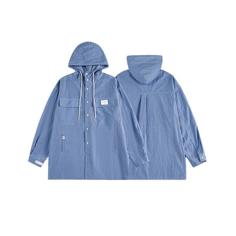Unisex hooded overshirt in checked longline cut with flap pockets and snap button placket Chichicherry
