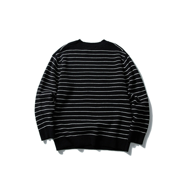 Unisex wide rib knit sweater with maritime stripe pattern and straight hem Chichicherry