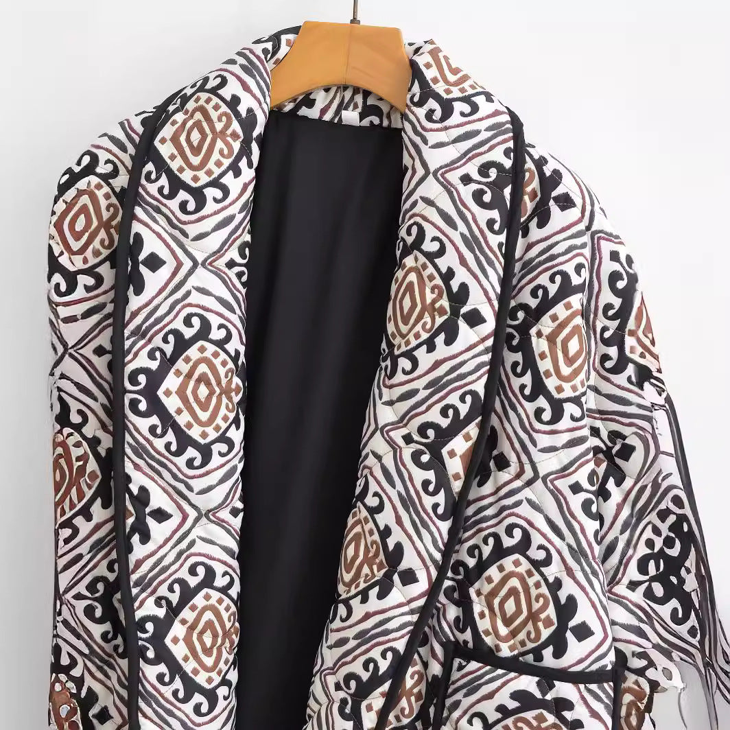 Women's Quilted Kimono Jacket with Waist Belt and Ethno Pattern