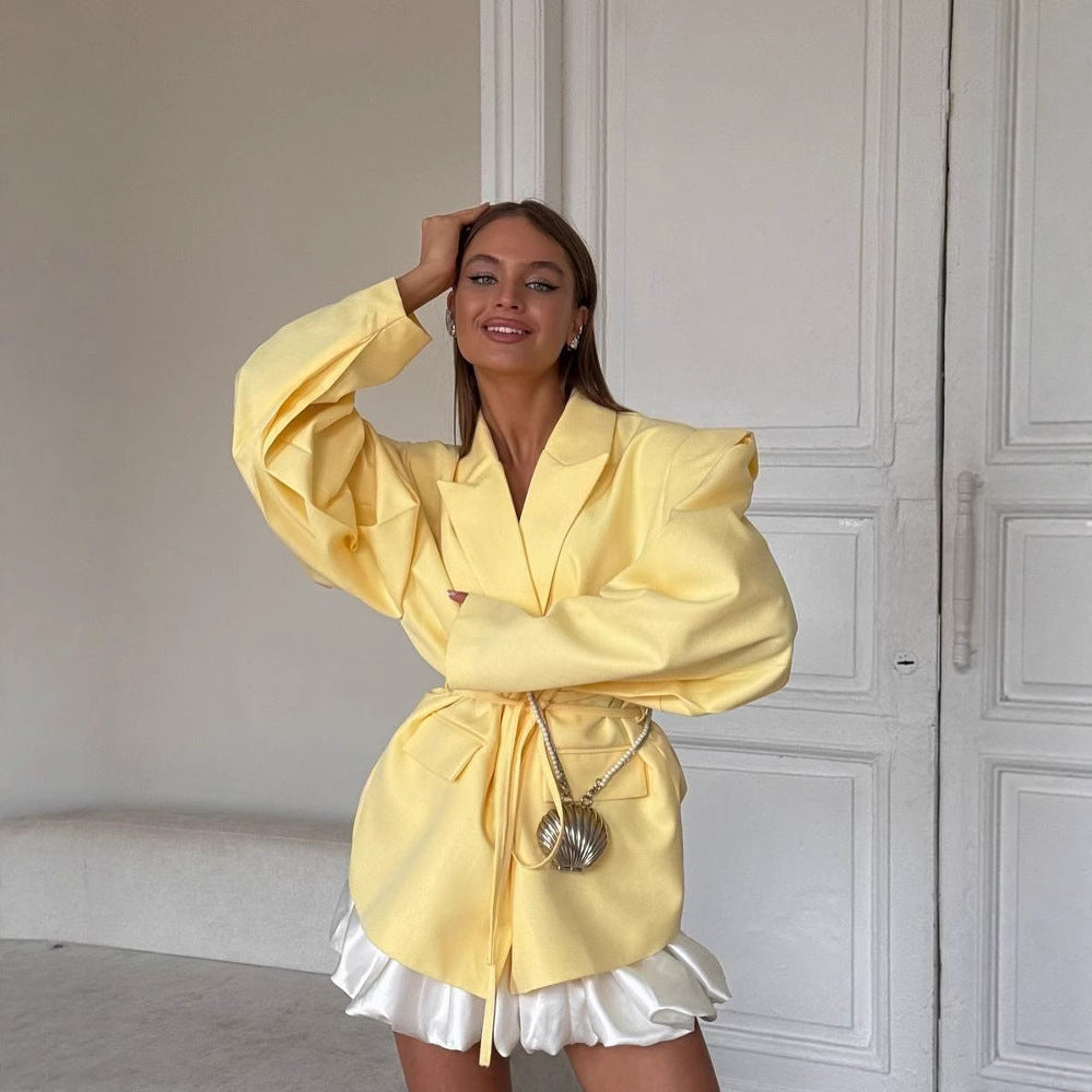 Damen Oversized Blazerjacke mit Taillengürtel und Ballonärmeln Chichicherry