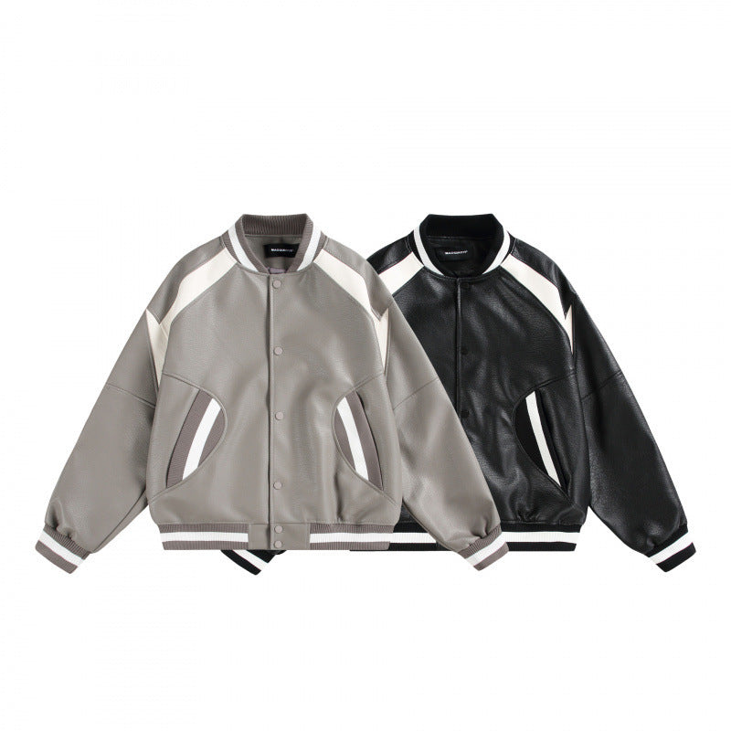 Unisex Boxy Oversized Faux Leather Bomber Jacket with Contrast Panels and Ribbed Cuffs Chichicherry