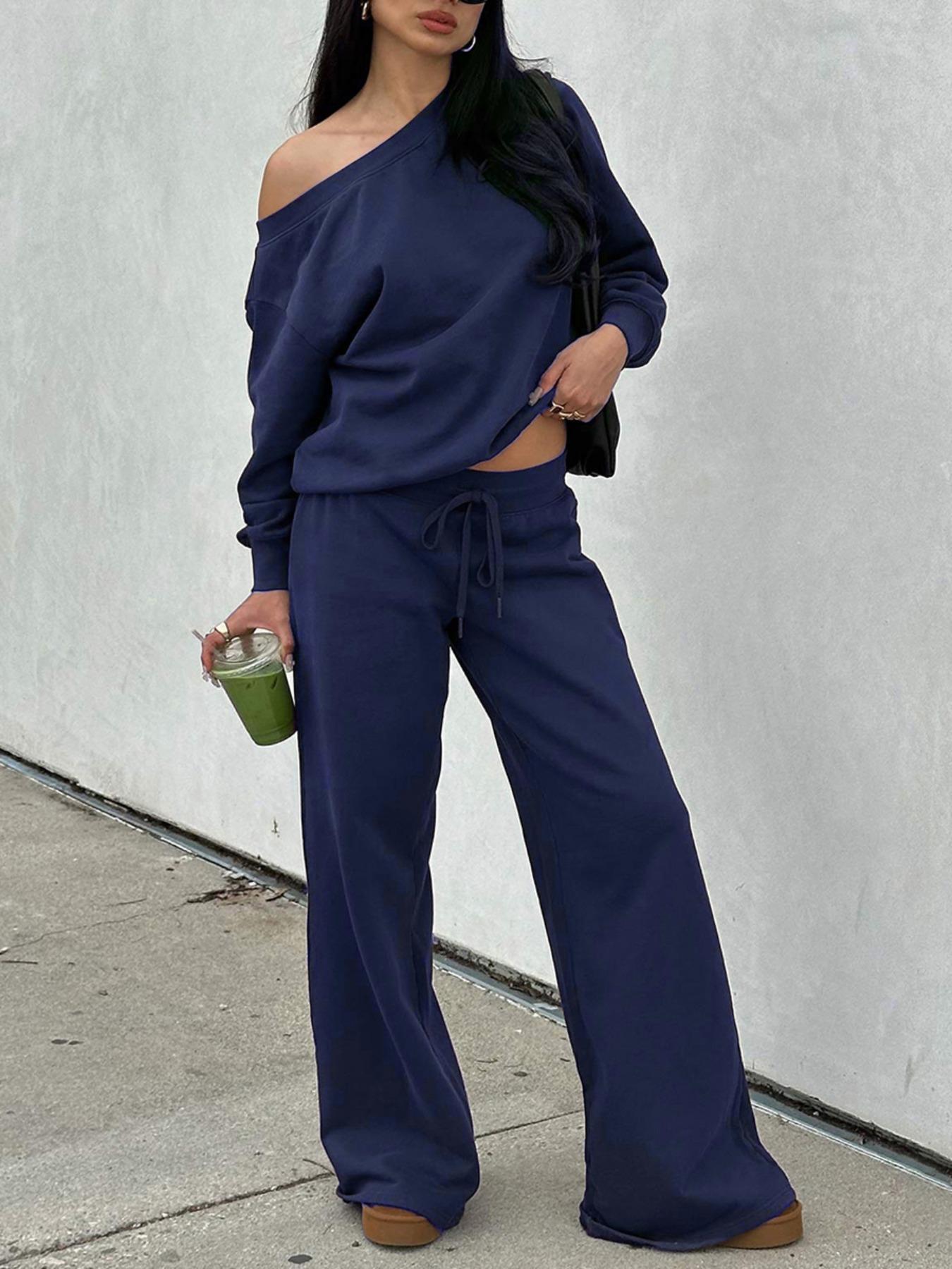 Women's Casual Off-Shoulder Lounge Set made of French Terry with Wide Legs and Drawstring