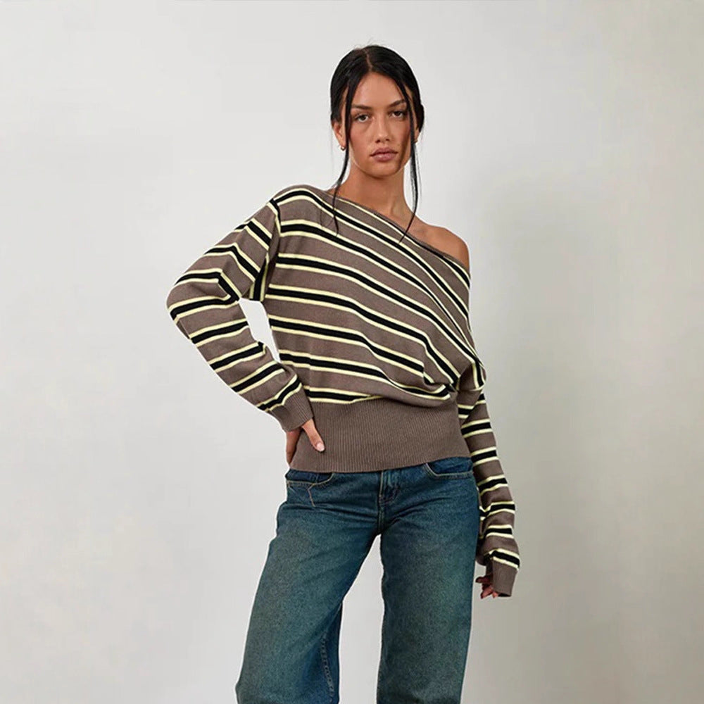 Women's fine knit boatneck pullover with asymmetrical shoulder drop, wide ribbed hem, and casual balloon sleeves Chichicherry