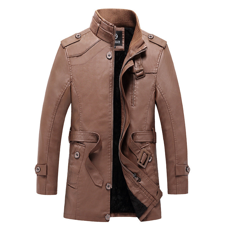 Men's Tailored Leather Trench Coat with Belt and Decorative Seams Chichicherry
